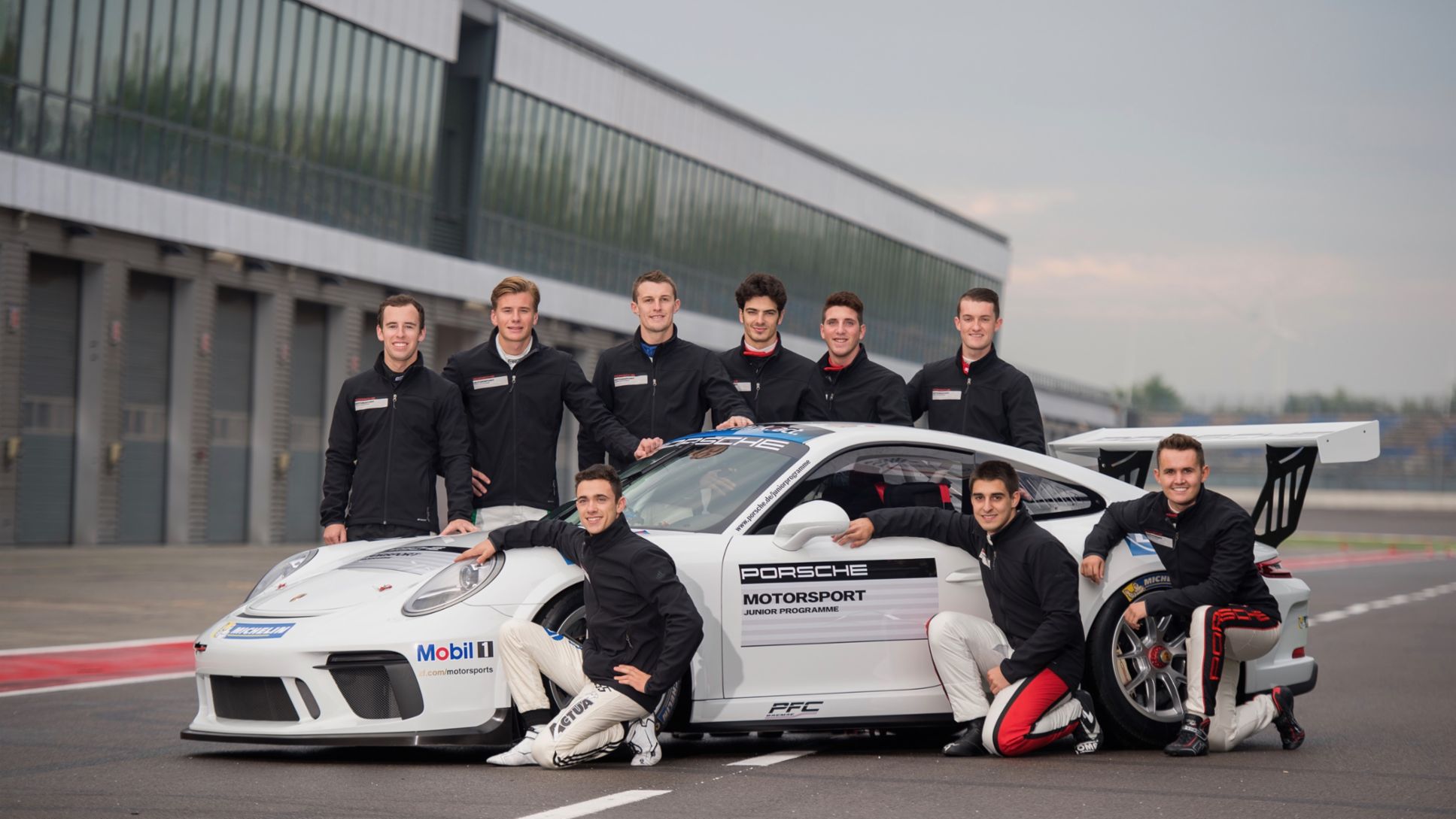 Jake Eidson, Philip Morin, Will Bamber, Alessio Rovera, Riccardo Pera, Dylan O&#039;Keeffe, Julien Andlauer, Rodrigo Baptista, Charlie Eastwood, l-r, Porsche Motorsport Junior Programme, Lausitzring, 2017, Porsche AG